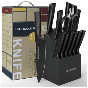 Conjunto de Facas ANTINIVES em Aço Inoxidável com Bloco de Bancada Multinível e Cabo Ergonômico, 15 Peças, Marrom