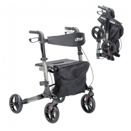 Andador Dobrável Compacto Drive Medical Cinza 4 Rodas 20 cm Assento Freios Alumínio 136 kg Capacidade