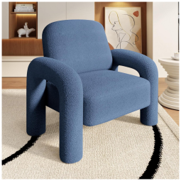 Poltrona Dewhut em tecido sherpa azul, cadeira decorativa estofada com braços curvos tipo tromba de elefante