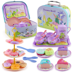 Jogo de Chá Infantil em Lata 43 Peças com Tema de Dinossauros e Maleta de Transporte, Motiloo, Roxo