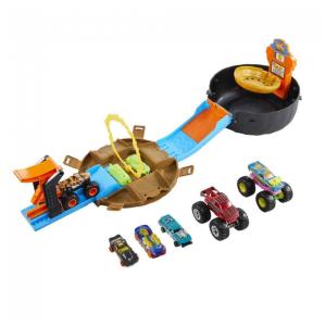 Conjunto de Monster Trucks com Pista Transformável, Inclui 3 Caminhões e 4 Carros, Hot Wheels.