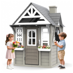 Casa de Madeira de Cedro Cinza para Crianças de 3 a 6 anos com Cozinha, Campainha e Telefone Interativos,BTMWAY