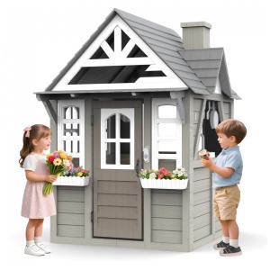 Casa de Madeira de Cedro Cinza para Crianças de 3 a 6 anos com Cozinha, Campainha e Telefone Interativos,BTMWAY