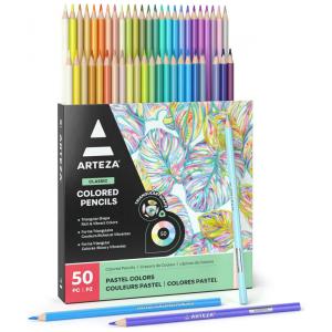 Lápis de Cor Arteza em Tons Pastel, Conjunto com 50 Lápis de Colorir, Empunhadura Triangular, Lápis de Cor Pastel Pré-Afiados