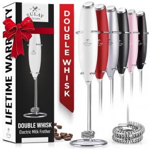 Espumador Elétrico de Leite a Bateria com Suporte, ZULAY KITCHEN Twin Whisk 12,500 RPM, Branco