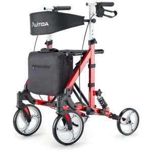 Andador Adulto Idoso com Apoio de Braço, Assento Acolchoado e Cesto, Suporta até 158 kg, AUITOA, Vermelho