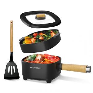 Panela elétrica Audecook hot pot 2L preta com cesto vapor frigideira 8 pol antiaderente dupla potência 350W/800W portátil 220V espátula
