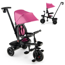 Triciclo Infantil Rosa HONEY JOY com Alça e Capota Ajustáveis, Assento Reversível, Cinto, Pedal Dobrável e Porta-Copos