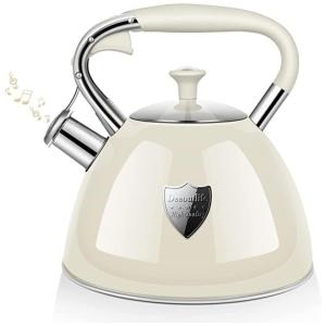 Chaleira de Chá Deeoutlife 3 Litros em Aço Inoxidável com Apito e Alça Ergonómica, Creme
