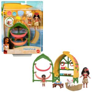 Mattel Disney Moana 2 Brinquedos - Playset Aldeia de Moana e Simea com 2 Mini Bonecas, Figura de Pua e 15 Acessórios