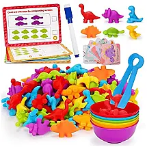 Kit Montessori Dinossauros para Contar Tsomtto com 72 Peças, Cartas de Atividades e Tigelas de Classificação para Crianças de 3 a 5 Anos