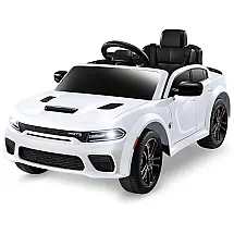 Carro Elétrico Infantil 12V Dodge Charger SRT Hellcat Branco com Controle Remoto, 3 Velocidades, Luzes LED e Música