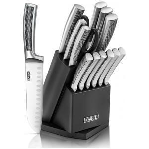 Conjunto de Facas Karcu em Aço Inoxidável com Bloco de Bancada, Afiador Embutido e Bloco Giratório, 14 Peças, Prata