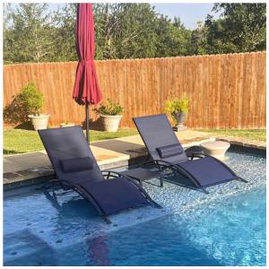 Espreguiçadeiras Grandes com Mesa Lateral, Cadeiras Reclináveis Ajustáveis para Piscina, Praia e Jardim,PURPLE LEAF,Azul Marinho