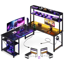 Mesa Gamer em Formato de L, 59" 150 cm com Prateleiras de Armazenamento, Tomadas e Luz LED, 110V, AODK