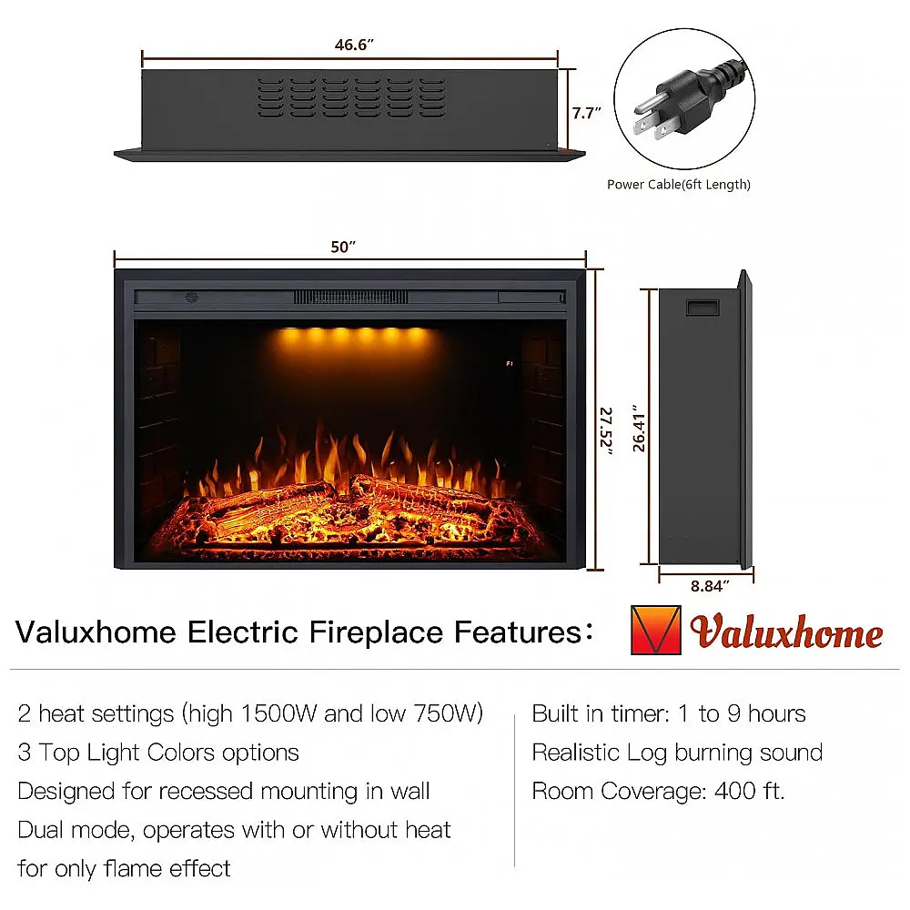 Lareira Elétrica Valuxhome 127x70cm 1500W Chamas LED Som Crepitar Embutir 110V — foto 2