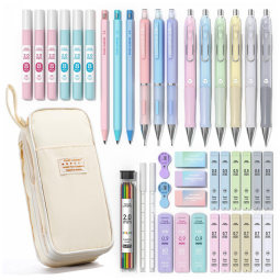 Conjunto 42 peças Four Candies creme com estojo e lapiseiras 0,5 mm, 0,7 mm, 0,9 mm e 2,0 mm para escrita e desenho