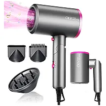 Ionic Secador de Cabelo Profissional de ÍON Portátil e Dobrável 1800W com 2 Bicos e Difusor, OLV, Cinza