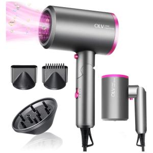 Ionic Secador de Cabelo Profissional de ÍON Portátil e Dobrável 1800W com 2 Bicos e Difusor, OLV, Cinza