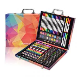 Kit Lápis de Cor Profissional com Maleta de Madeira 132 peças Tintas Acrílicas, Aquarela, Colorida, DARNASSUS 132PAPERARTSSET, Rosa