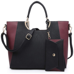 Bolsa de Ombro Feminina em Dois Tons com Carteira Combinando, DASEIN XL 11 6949 1 BK, WN, Vermelho