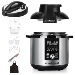 Panela de Pressão Elétrica Multifuncional 7.5L, 27 Definições, Painel Digital, Aço Inoxidável, 1800W, 110v, PREPAMEAL, Preto e Prata