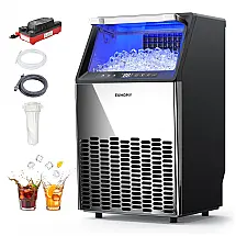 Máquina de Gelo Comercial EUHOMY 54kg 24H Bomba de Drenagem Compartimento 15kg Aço Inox 110V
