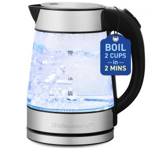 Chaleira Elétrica Elite Gourmet EKT602 de Vidro Livre de BPA, Base 360 sem Fio, Design com LED Azul Estiloso, Função de Desligamento