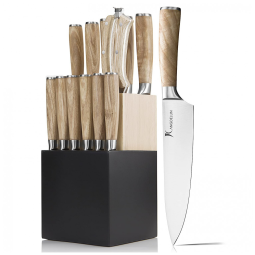 Conjunto de Facas em Aço Inoxidável com Bloco de Bancada e Cabo em Madeira, 14 Peças, Kangdelun, Marrom