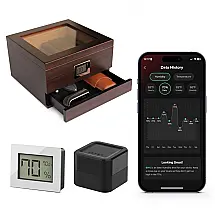 Humidor Case Elegance Renzo Preto e Cromo Cedro Espanhol com Higrômetro Digital WiFi Monitoramento Remoto iOS Android