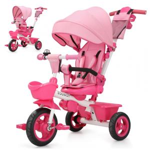 Triciclo Infantil 6 em 1 com Alça Ajustável, Cobertura Removível e Arnês de Segurança para Crianças de 1 a 5 Anos, EOOWOY, Rosa