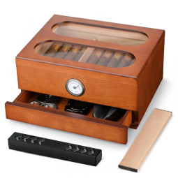 Umidor de Charutos Premium com Controle de Umidade COOL KNIGHT - Higrômetro Frontal, Umidificador e Gavetas de Acessórios em Vidro Temperado