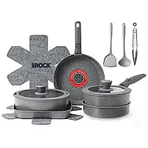 Conjunto de Panelas Antiaderente THE ROCK Cinza 16 peças Cerâmica Rock.Tec Alças Removíveis Indução PFAS/PFOA Free Forno 160°C