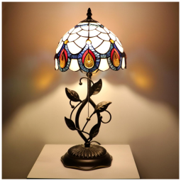 Luminária de Mesa Tiffany MQYXH - Abajur Pequeno Rosa Claro Cauda de Pavão com Vidro Colorido e Base em Resina Bronze 20x20x46 cm