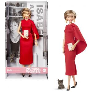 Boneca colecionável Barbie Inspiring Women Isabel Allende com vestido vermelho, livro e pet 2024
