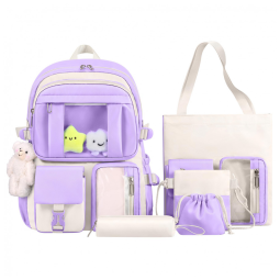 Mochila HORHREAR Kawaii 5 em 1 escolar transparente, com pelúcia e estojo, roxa clara