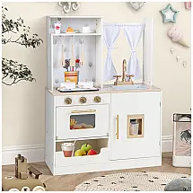 Cozinha Infantil em Madeira com Som e Luz Realista Forno, Pia, Micro-Ondas e Armário de Armazenamento, INFANS, Branca