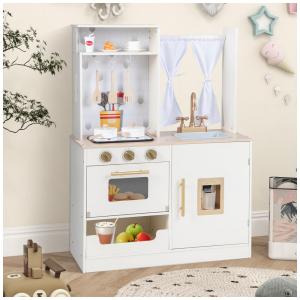 Cozinha Infantil em Madeira com Som e Luz Realista Forno, Pia, Micro-Ondas e Armário de Armazenamento, INFANS, Branca