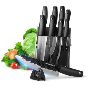 Conjunto de Facas em Aço Inoxidável com Suporte em Acrílico e Afiador Embutido, 11 Peças, Bfonder, Preto