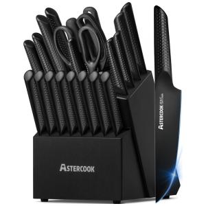 Conjunto de Facas em Aço Inoxidável Alemão com Bloco de Bancada, 21 Peças, Astercook, Preto