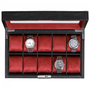 Caixa, Estojo de Couro com Trava e Visor de Vidro para Relógios com 10 Compartimentos, ROTHWELL, Preto e Vermelho