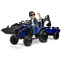 Trator Infantil Elétrico GarveeLife Azul 24V 3 em 1 Escavadeira Buldôzer Trailer Controle Remoto Luzes LED Bluetooth