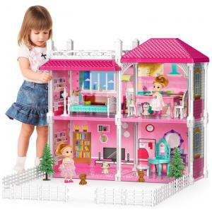Casa de Bonecas com 4 Quartos e Cômodos Customizáveis para Crianças de 3 Anos ou Mais, TEMI, Rosa
