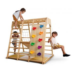 Playground Interno Avenlur Magnolia 6-em-1, Estilo Montessori Waldorf, com Escorregador, Parede de Escalada, Rede, Barra de Macaco