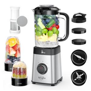 Liquidificador e Processador de Alimentos 1,1L com 3 Recipientes e 2 Acessórios de Lâmina, 110V 350W, Sangcon, Cinza