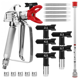 Pistola de Pintura Airless 3600 PSI Alta Pressão com Proteção, 5 Bicos (211, 313, 415, 517, 623), 5 Filtros e Extensor de Pintura 40