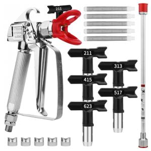 Pistola de Pintura Airless 3600 PSI Alta Pressão com Proteção, 5 Bicos (211, 313, 415, 517, 623), 5 Filtros e Extensor de Pintura 40