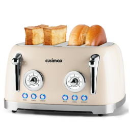 Torradeira Elétrica Retrô 4 Fatias em Aço Inoxidável com 6 Níveis de Tostagem e Painel de Controle Duplo Independentes, 110V 1650W, CUSIMAX