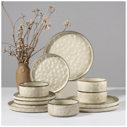 Conjunto de Louças HaWare COSMOS 12 Peças em Stoneware, Resistentes a Lascar e Riscar, Micro-ondas e Lava-Louças, Cor Saturn Khaki