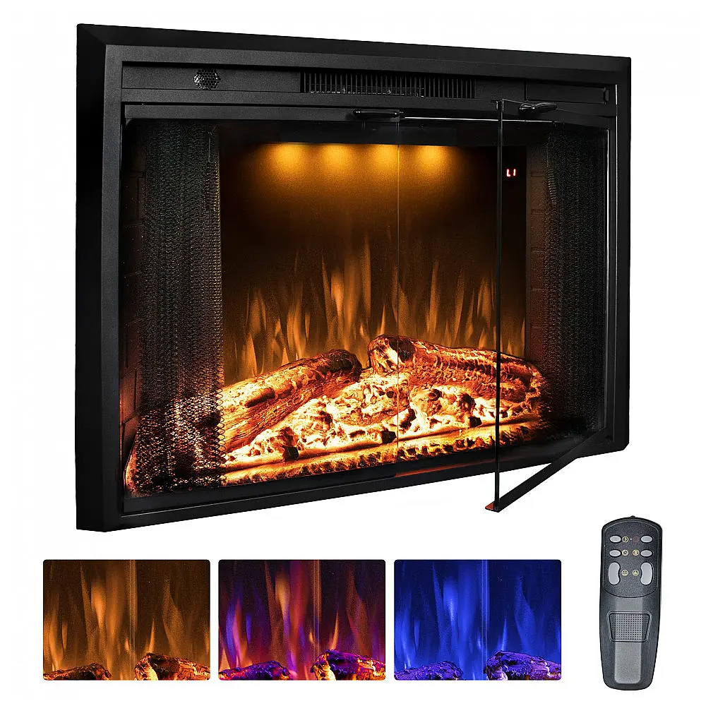 Lareira Elétrica de Embutir A62x76L com Porta de Vidro, Tela de Malha, Chamas Multicoloridas e Sons de Crepitação de Fogo, 110V 1500W